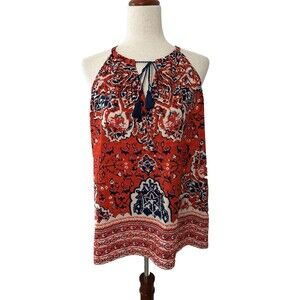Dalia Womens L Red Navy Medallion Print Tassel Tie Halter Boho Tank Top Colorfur